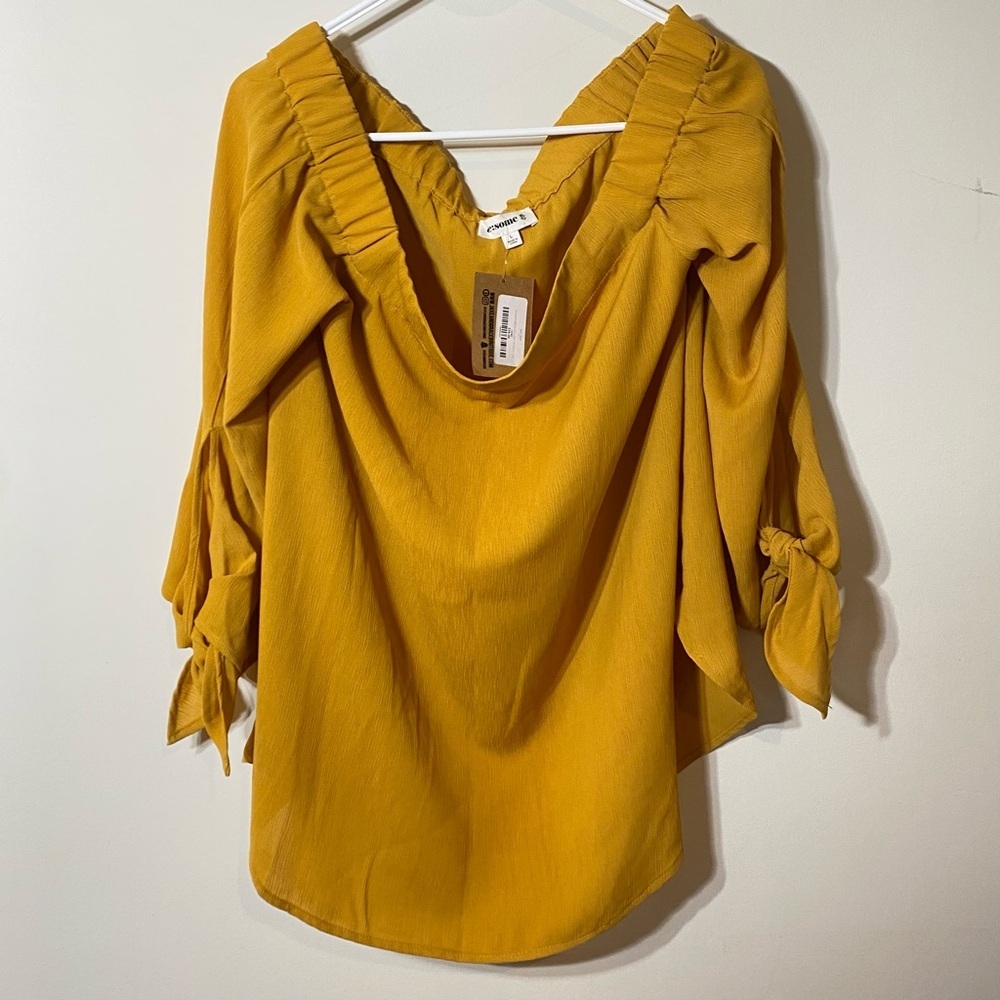ee:some Sz L Off Shouler Tie Sleeve Mustard Yellow Women's Top